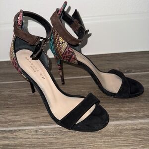 Barbara Bui black suede heels with a patterned Back Heel, Brown ankle strap 38.5